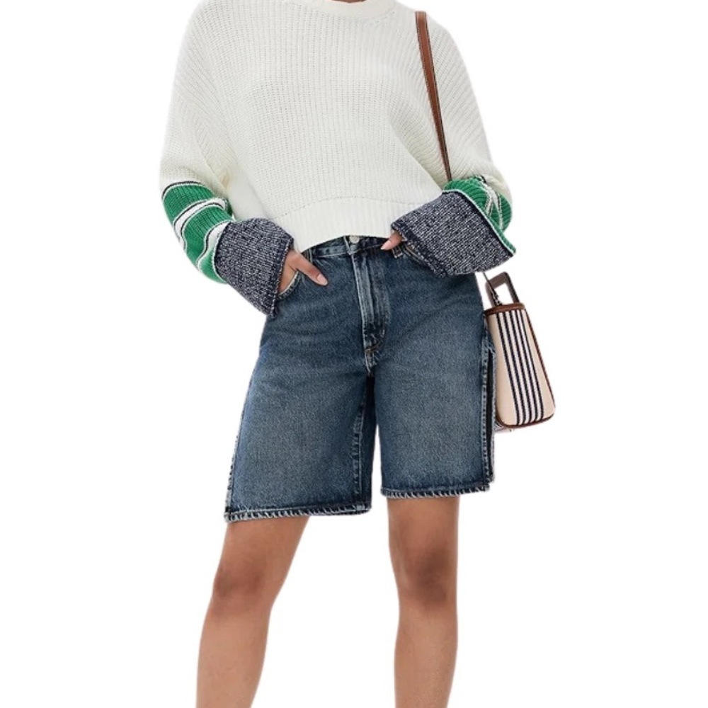 STAUD Cliff White Cropped Knit Sweater with Green & Navy Sleeve Accents - Picture 4 of 9